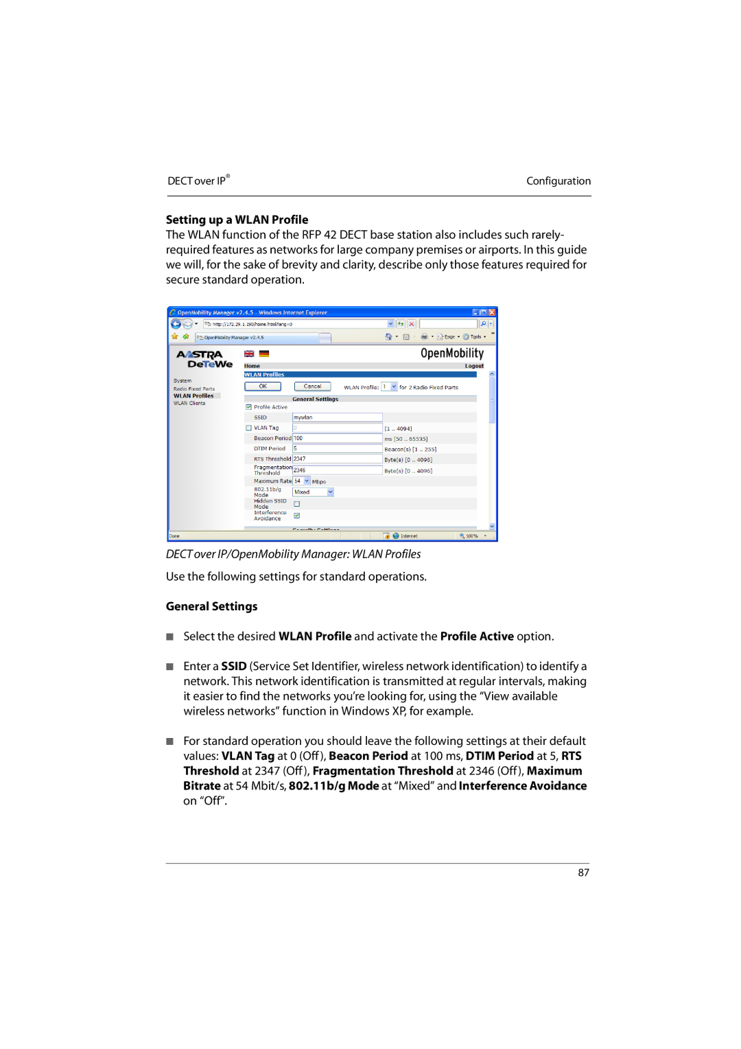 Aastra Telecom 800 manual Setting up a Wlan Profile, Dect over IP/OpenMobility Manager Wlan Profiles, General Settings 