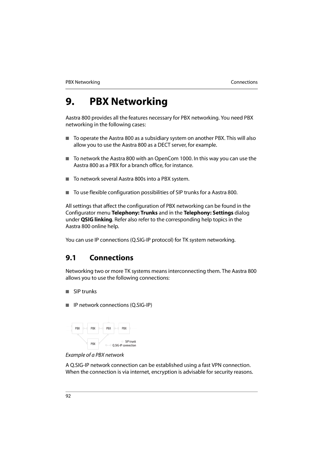 Aastra Telecom 800 manual PBX Networking, Connections, Example of a PBX network 