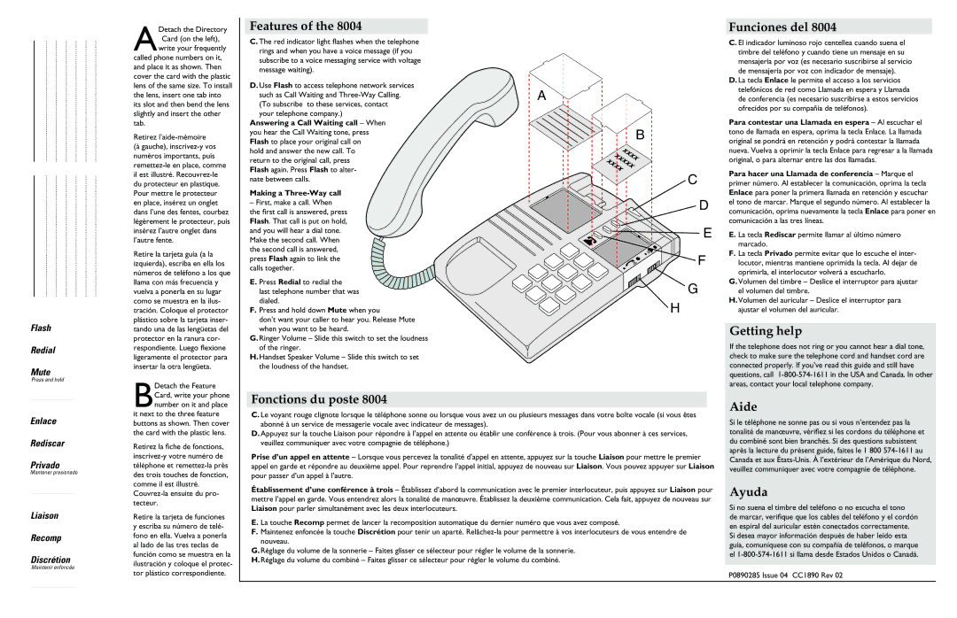 Aastra Telecom 8004 manual Features Funciones del, Getting help, Fonctions du poste, Aide, Ayuda 