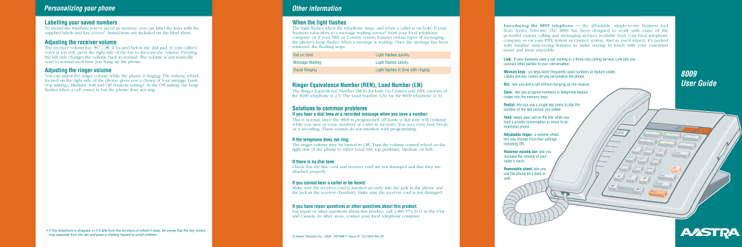 Aastra Telecom 8009 manual Personalizing your phone, Other information 