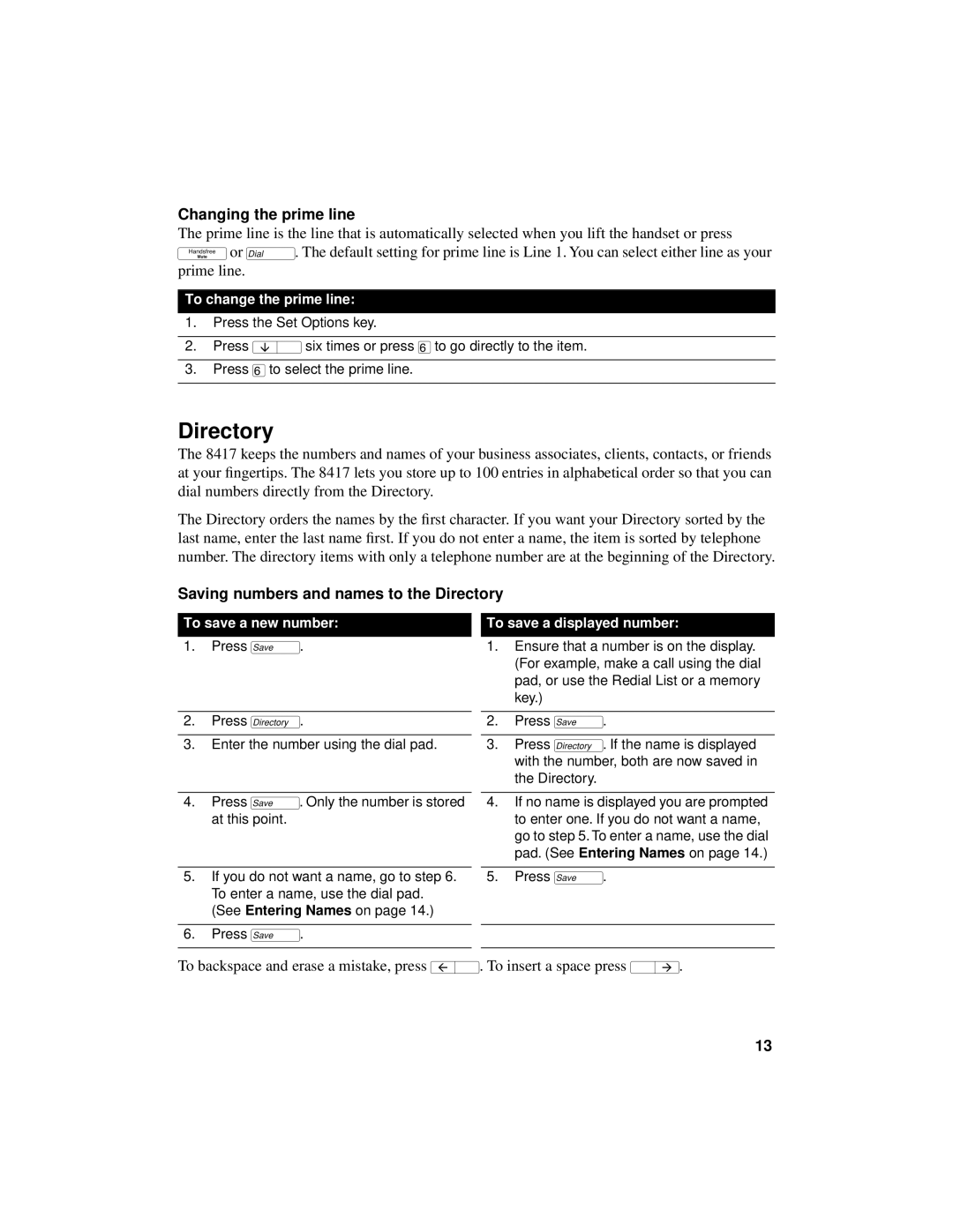 Aastra Telecom 8417 manual Changing the prime line, Saving numbers and names to the Directory 