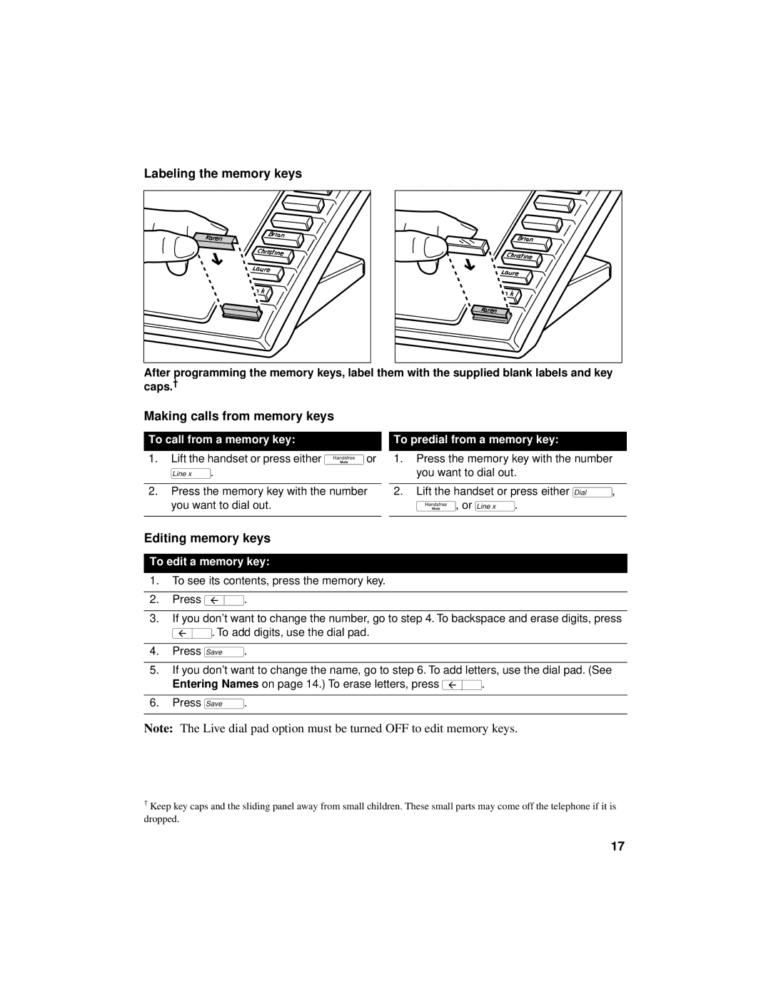 Aastra Telecom 8417 manual Labeling the memory keys, Making calls from memory keys, Editing memory keys 