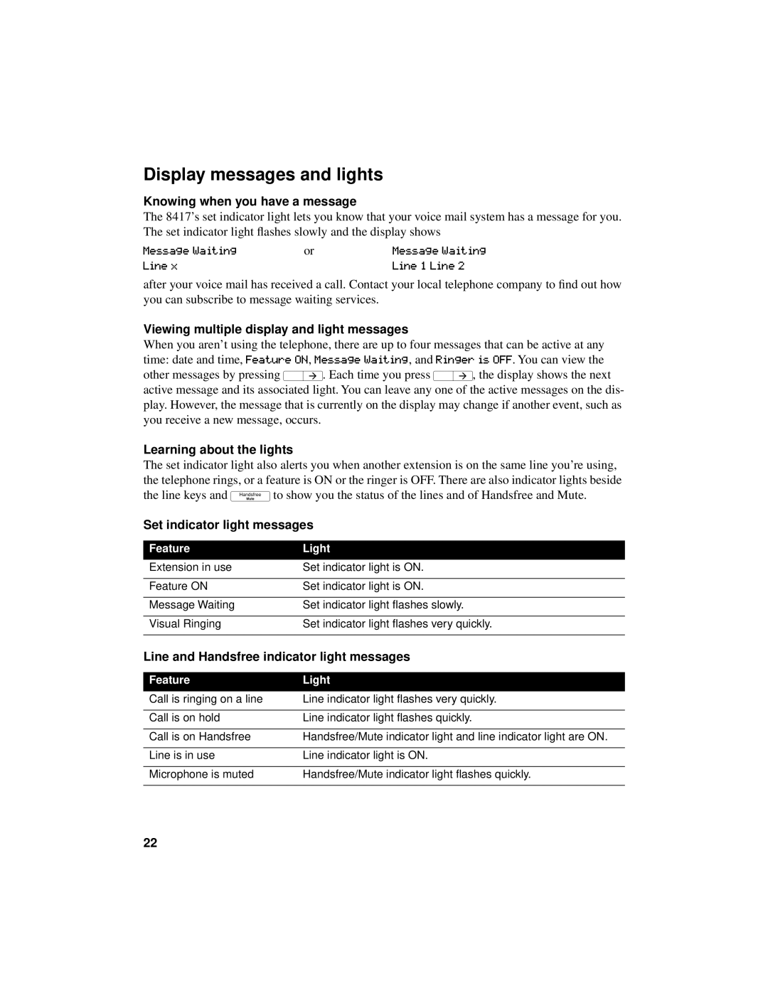 Aastra Telecom 8417 manual Display messages and lights 