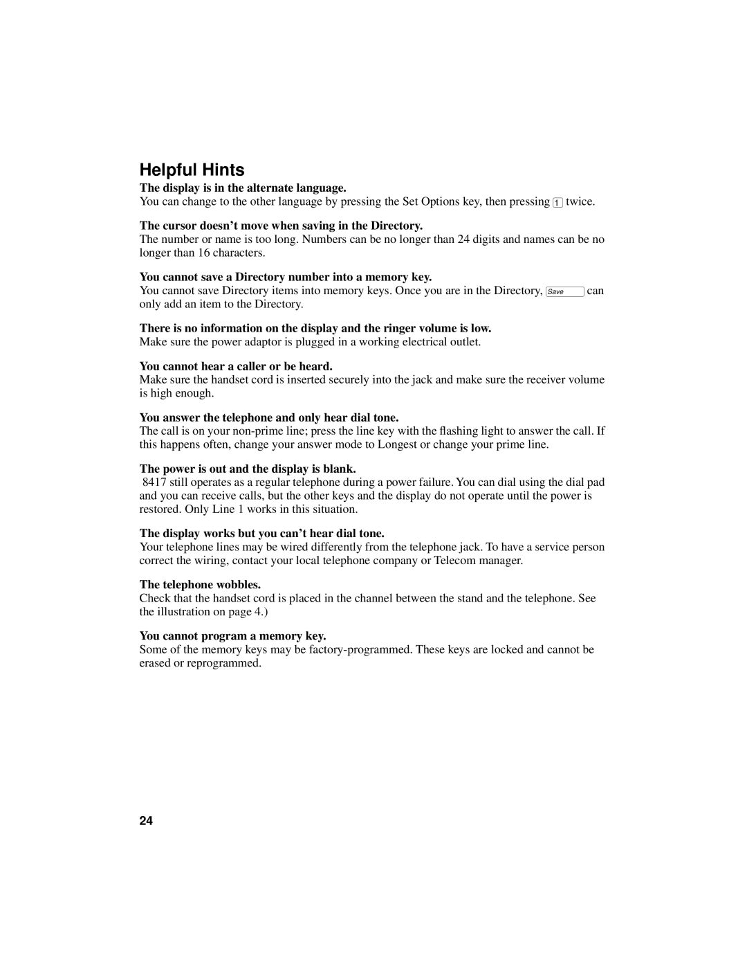 Aastra Telecom 8417 manual Helpful Hints, Display is in the alternate language 