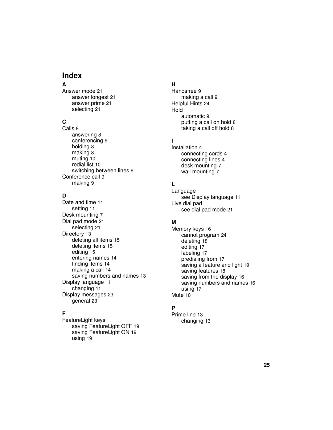 Aastra Telecom 8417 manual Index, Calls 