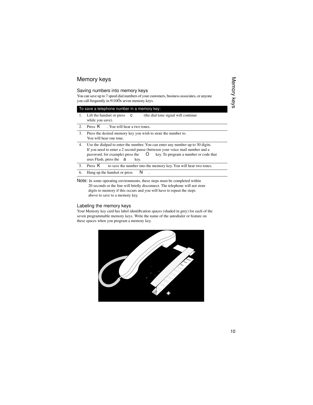 Aastra Telecom 9110 manual Memory keys, Saving numbers into memory keys, Labeling the memory keys 