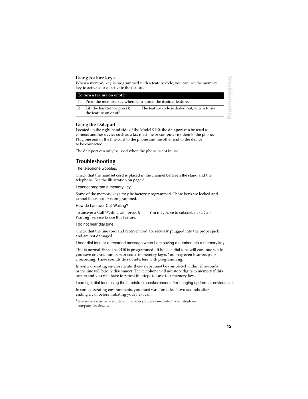 Aastra Telecom 9110 manual Troubleshooting, Using feature keys, Using the Dataport, To turn a feature on or off 