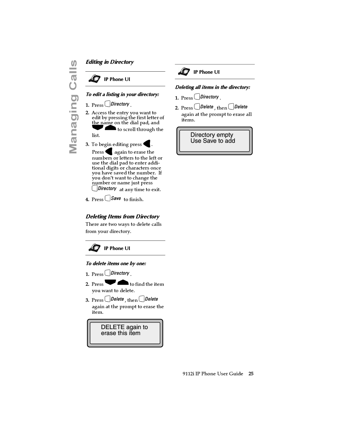 Aastra Telecom 9112i IP PHONE Editing in Directory, Deleting Items from Directory, To edit a listing in your directory 