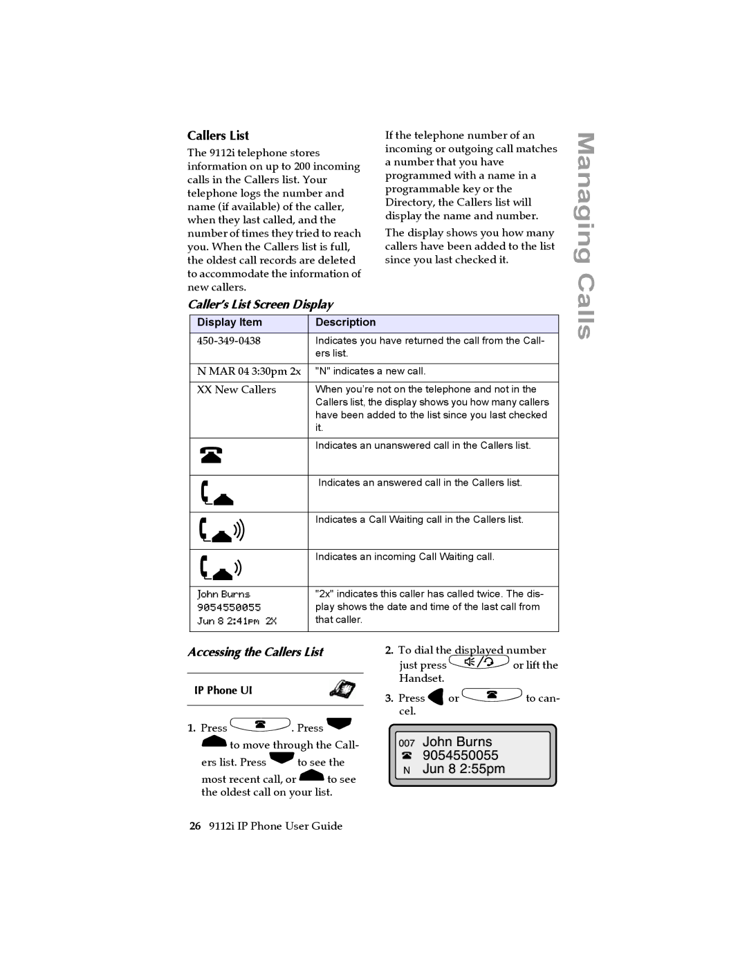 Aastra Telecom 9112i IP PHONE manual Managing, Calls, Caller’s List Screen Display, Accessing the Callers List 