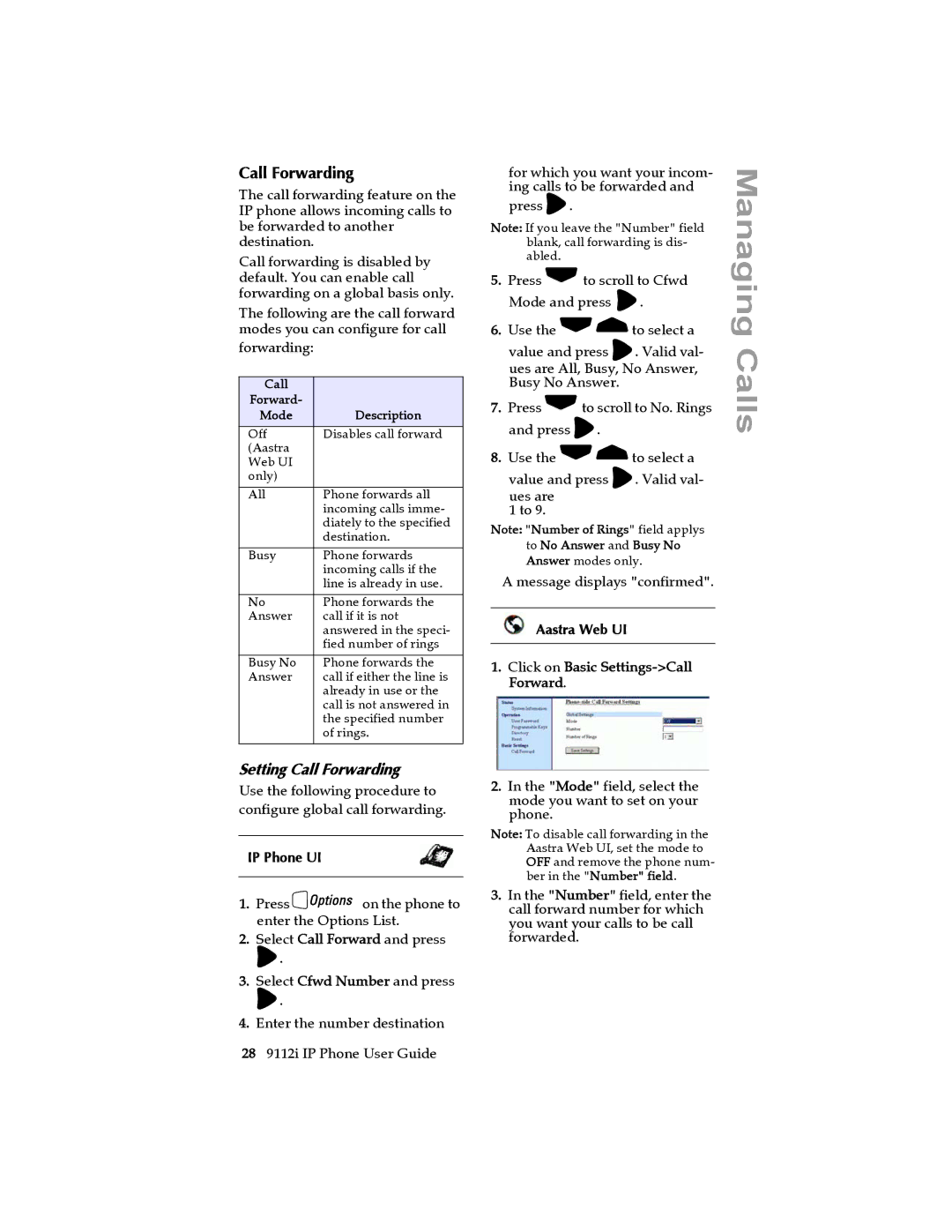 Aastra Telecom 9112i IP PHONE manual Setting Call Forwarding, Select Call Forward and press 