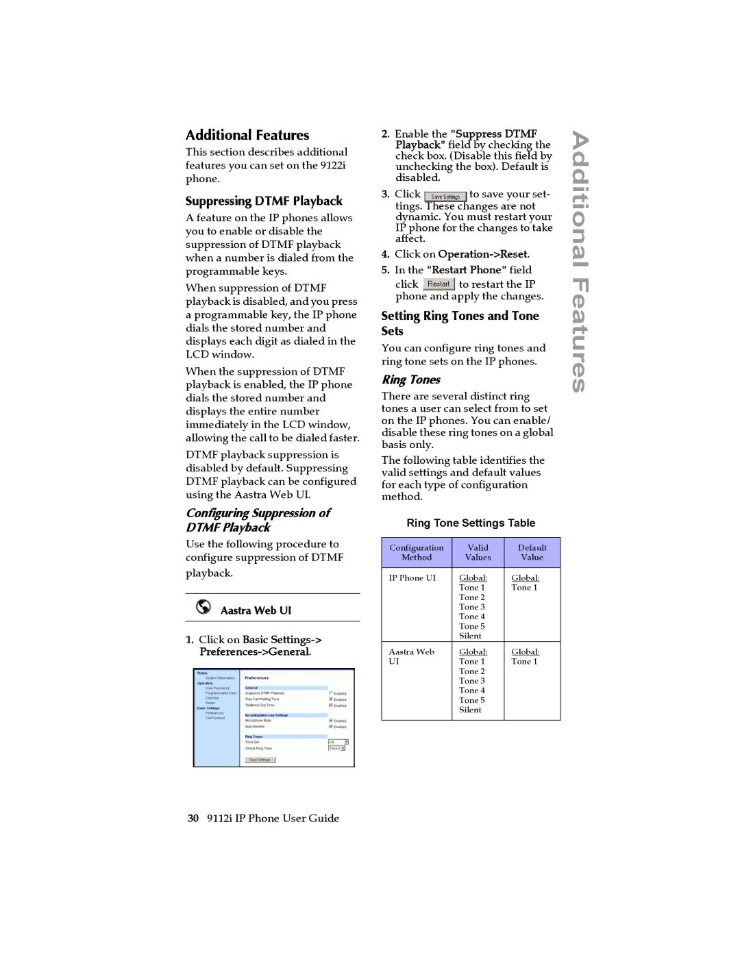 Aastra Telecom 9112i IP PHONE manual Additional Features, Suppressing Dtmf Playback, Setting Ring Tones and Tone Sets 