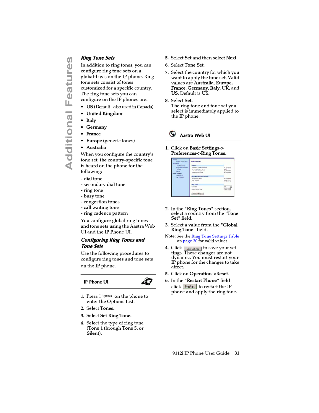 Aastra Telecom 9112i IP PHONE Ring Tone Sets, Configuring Ring Tones and Tone Sets, United Kingdom Italy Germany France 