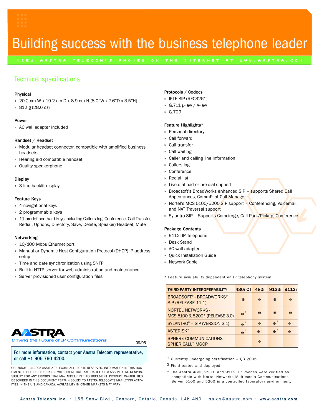 Aastra Telecom 9112i manual Physical, Power, Handset / Headset, Display, Feature Keys, Networking, Protocols / Codecs 