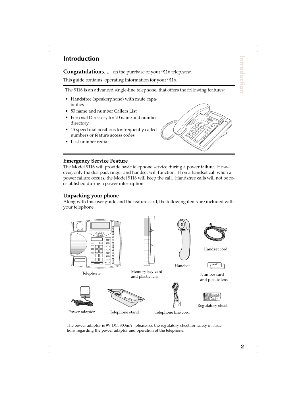 Aastra Telecom 9116 manual Introduction, Emergency Service Feature, Unpacking your phone 