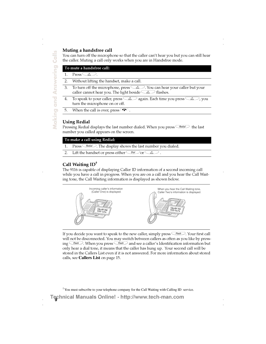 Aastra Telecom 9116 technical manual Muting a handsfree call, Using Redial, Call Waiting ID†, To mute a handsfree call 