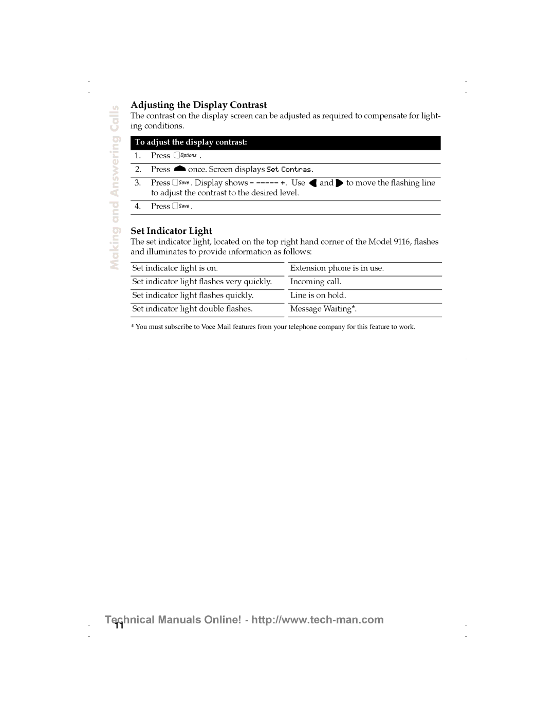 Aastra Telecom 9116 technical manual Adjusting the Display Contrast, Set Indicator Light, To adjust the display contrast 