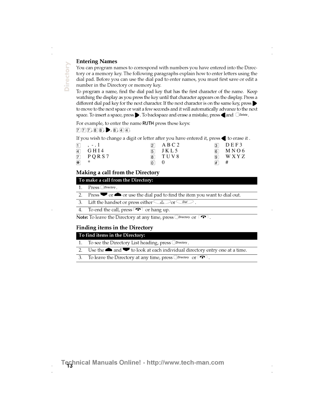 Aastra Telecom 9116 technical manual Entering Names, Making a call from the Directory, Finding items in the Directory 