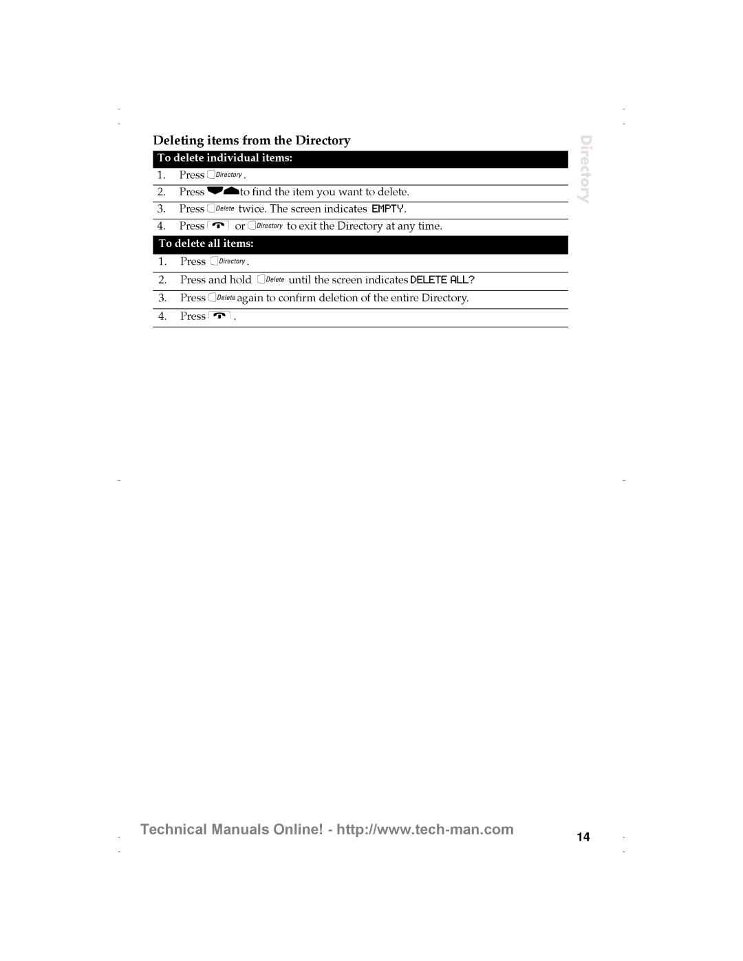 Aastra Telecom 9116 technical manual Deleting items from the Directory, To delete individual items, To delete all items 