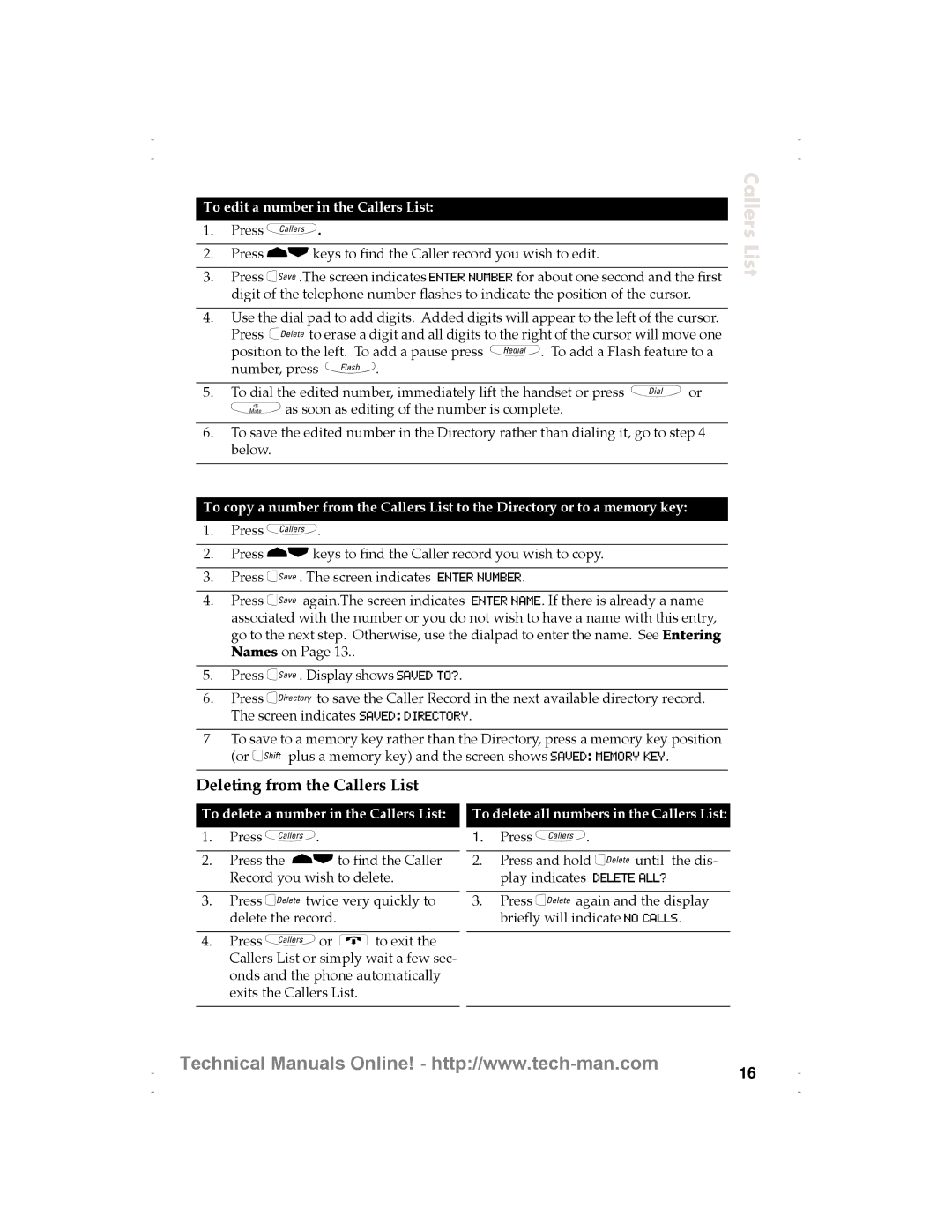 Aastra Telecom 9116 technical manual Deleting from the Callers List, To edit a number in the Callers List 