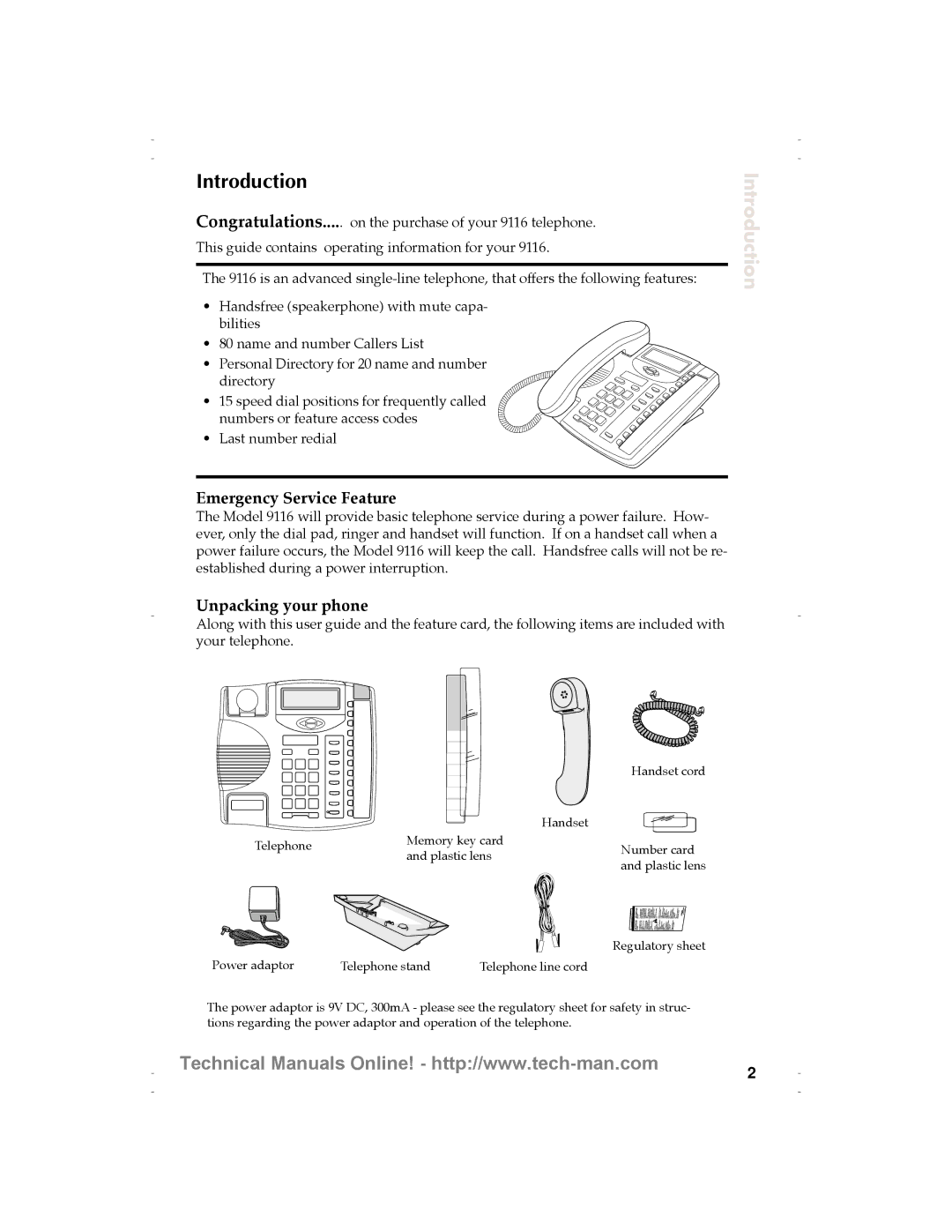 Aastra Telecom 9116 technical manual Introduction, Emergency Service Feature, Unpacking your phone 