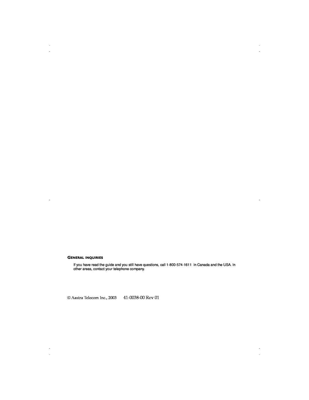 Aastra Telecom 9116 manual Aastra Telecom Inc., 2003 41-0038-00 Rev, General Inquiries 