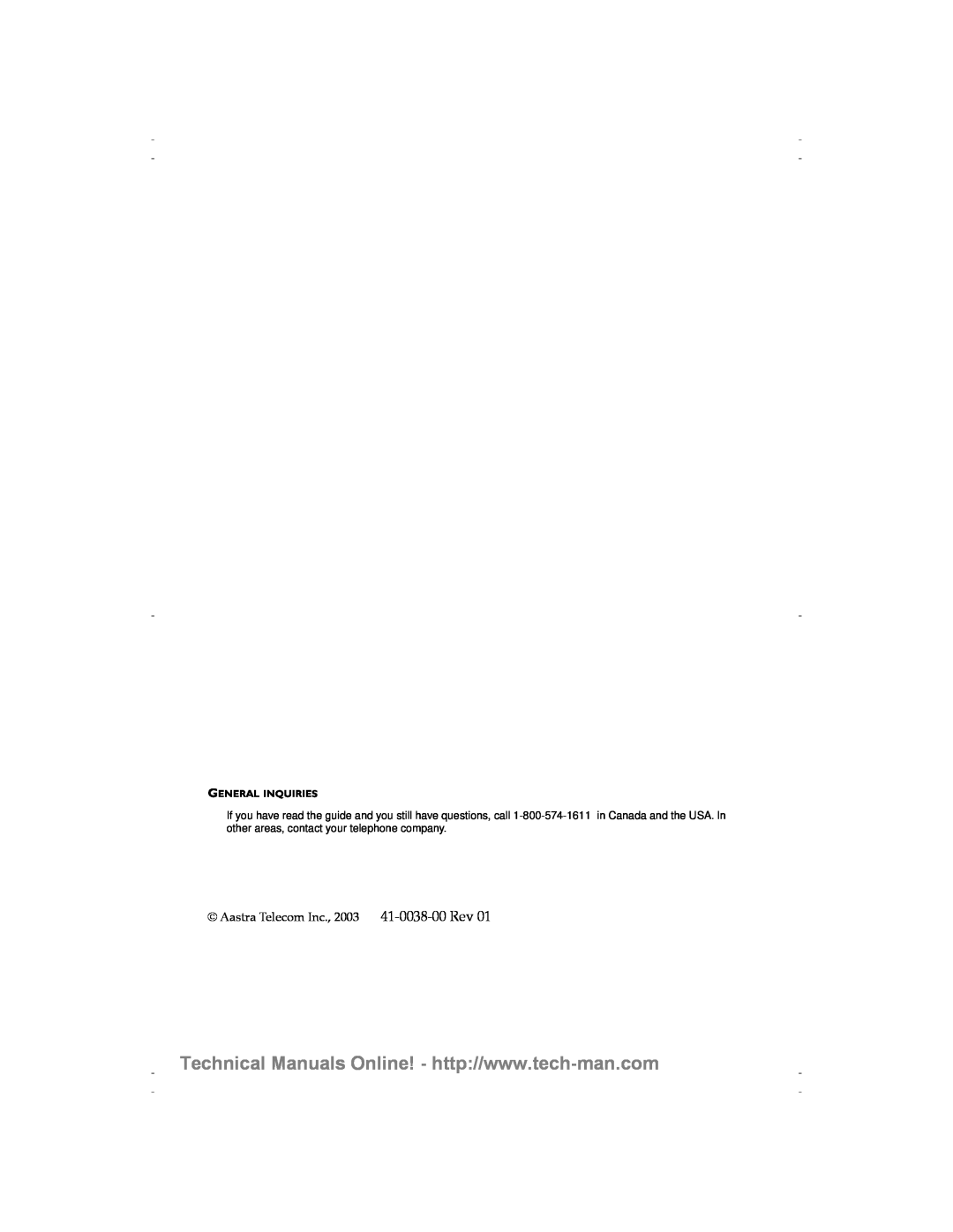Aastra Telecom 9116 technical manual Aastra Telecom Inc., 2003 41-0038-00 Rev, General Inquiries 
