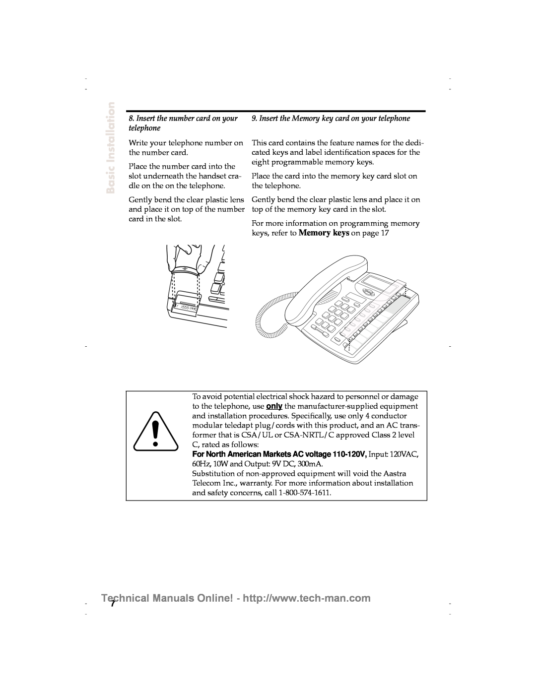 Aastra Telecom 9116 technical manual Installation, Basic, For North American Markets AC voltage 110-120V, Input 120VAC 