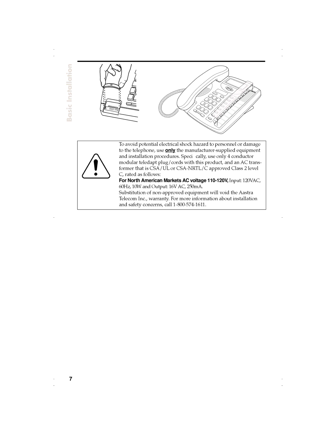 Aastra Telecom 9120 manual For North American Markets AC voltage 110-120V, Input 120VAC 