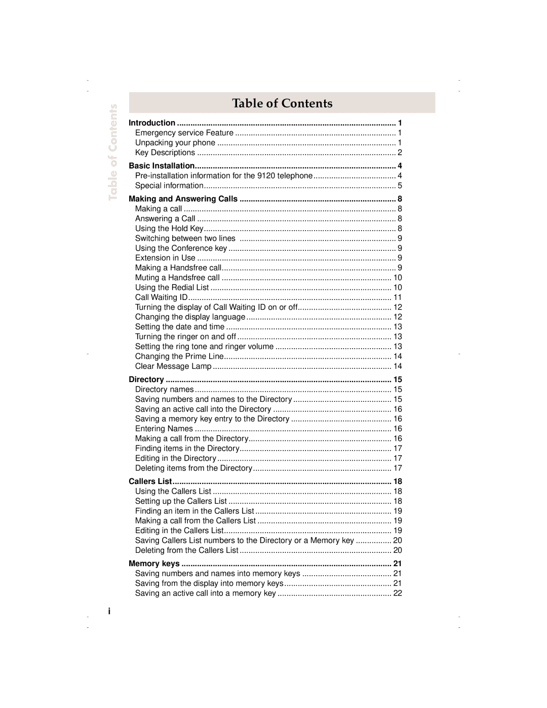 Aastra Telecom 9120 manual Table of Contents 