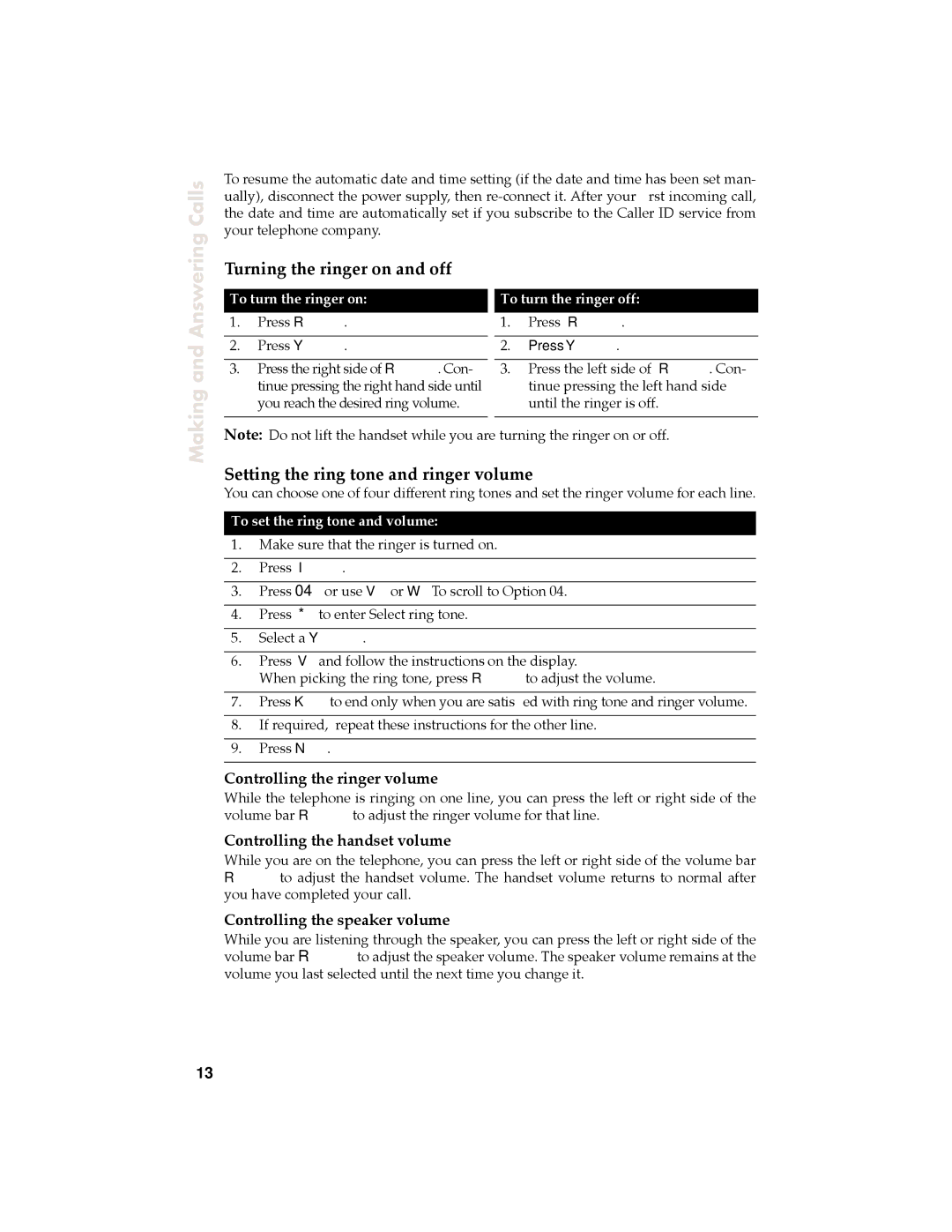 Aastra Telecom 9120 manual Calls, Turning the ringer on and off, Setting the ring tone and ringer volume 