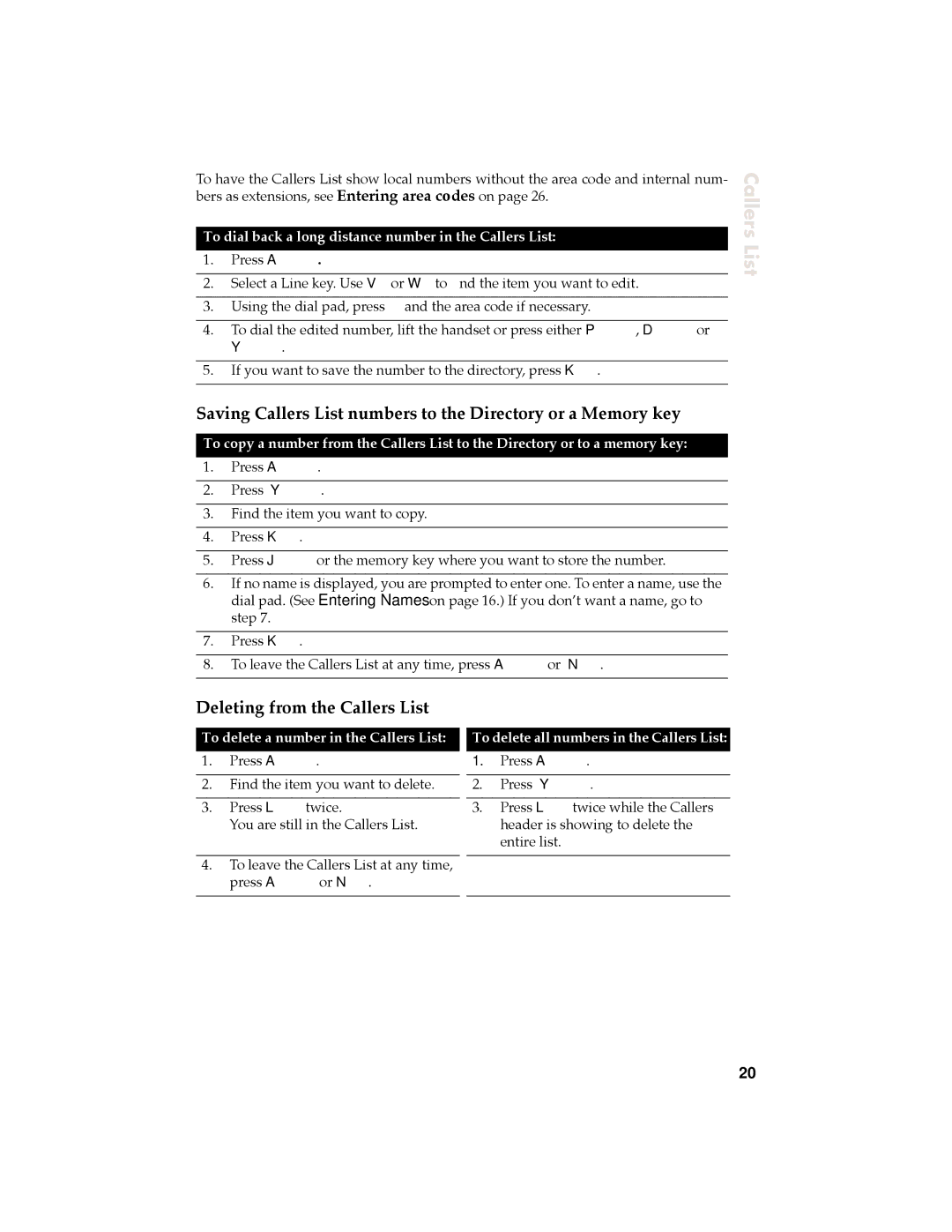 Aastra Telecom 9120 manual Deleting from the Callers List, To dial back a long distance number in the Callers List 