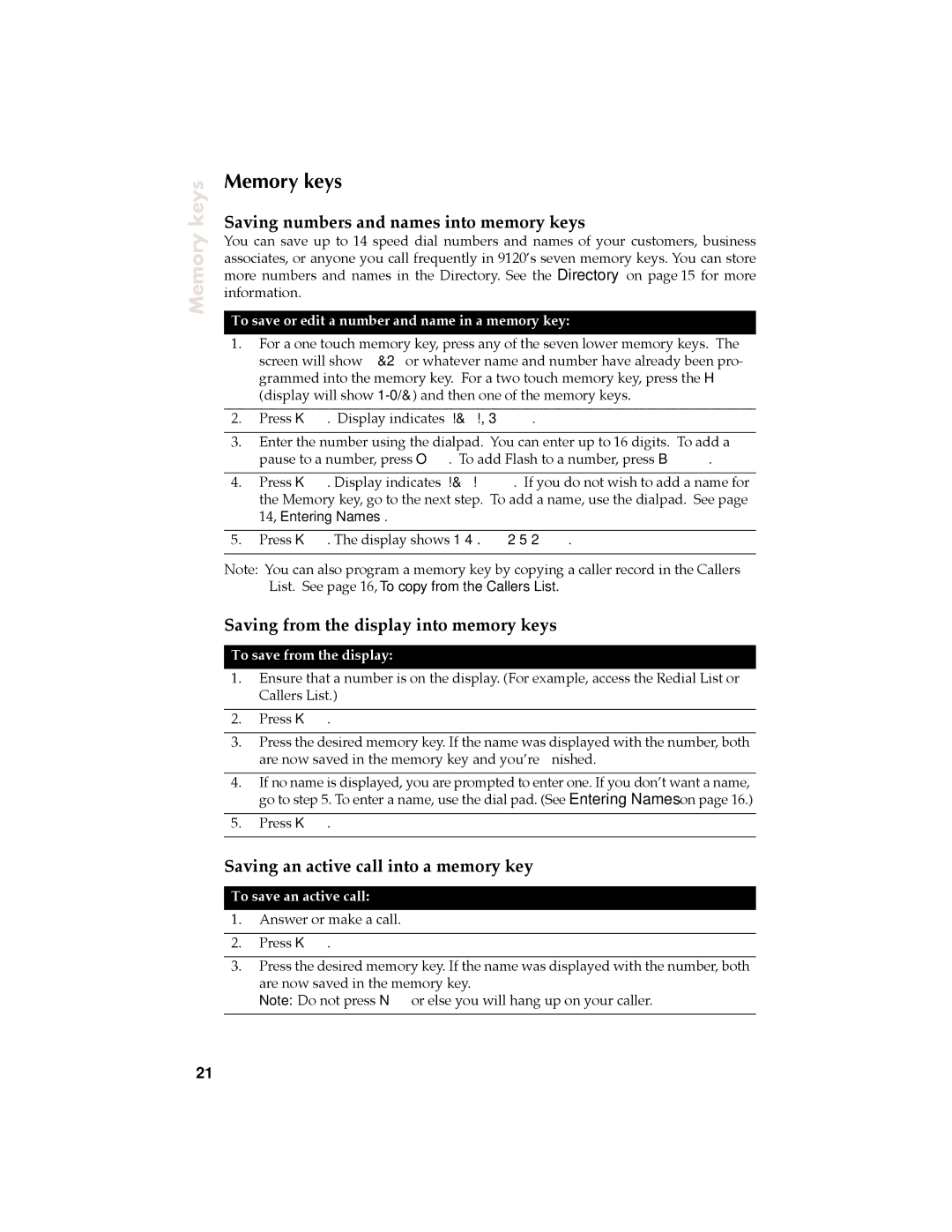 Aastra Telecom 9120 manual Memory keys, Saving numbers and names into memory keys, Saving from the display into memory keys 