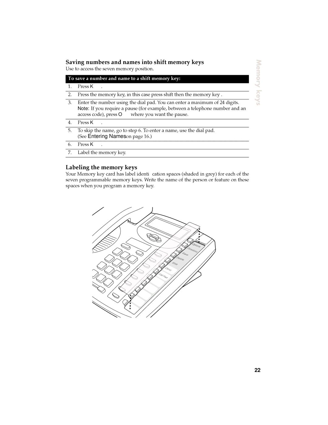 Aastra Telecom 9120 manual Saving numbers and names into shift memory keys, Labeling the memory keys 