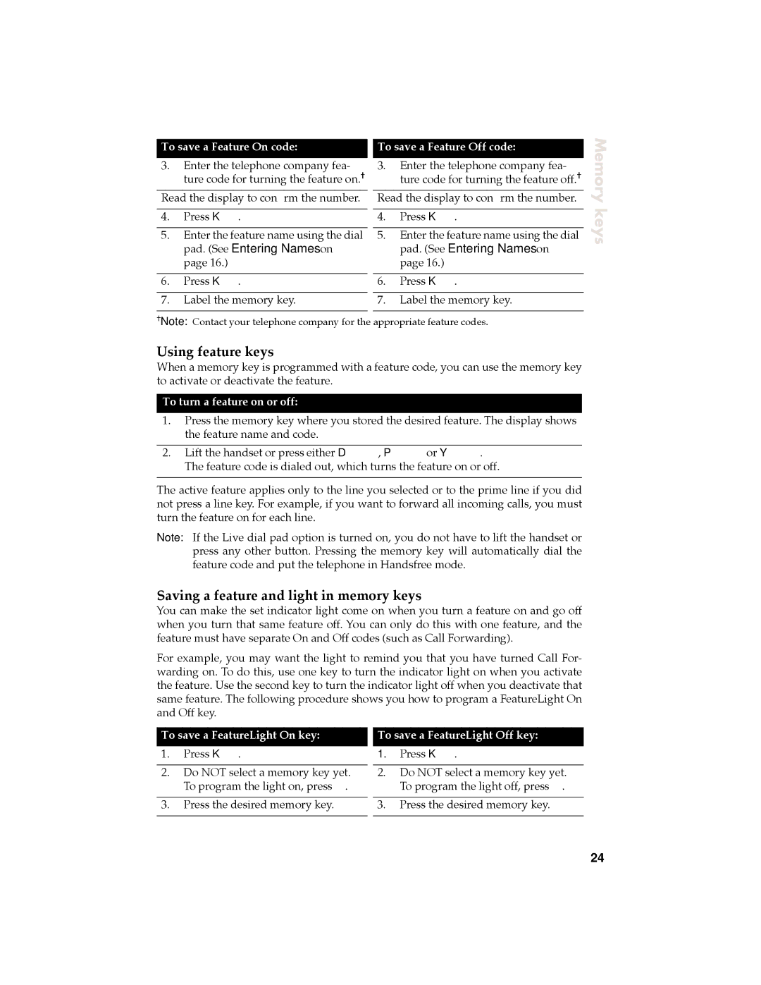 Aastra Telecom 9120 manual Using feature keys, Saving a feature and light in memory keys 