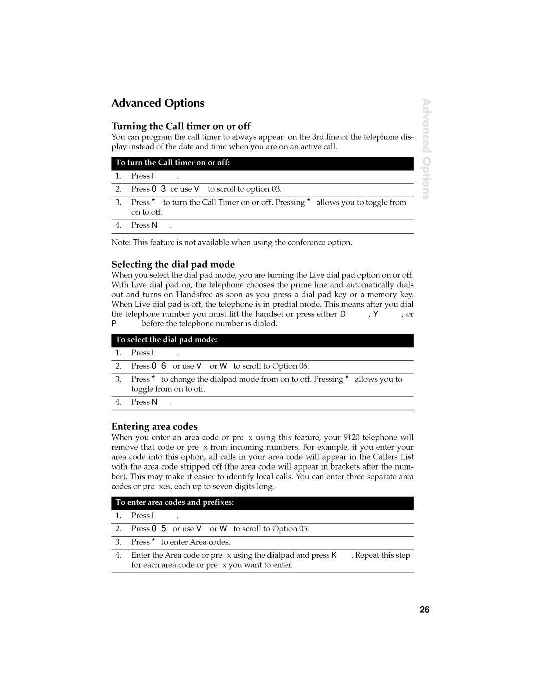 Aastra Telecom 9120 Advanced Options, Turning the Call timer on or off, Selecting the dial pad mode, Entering area codes 