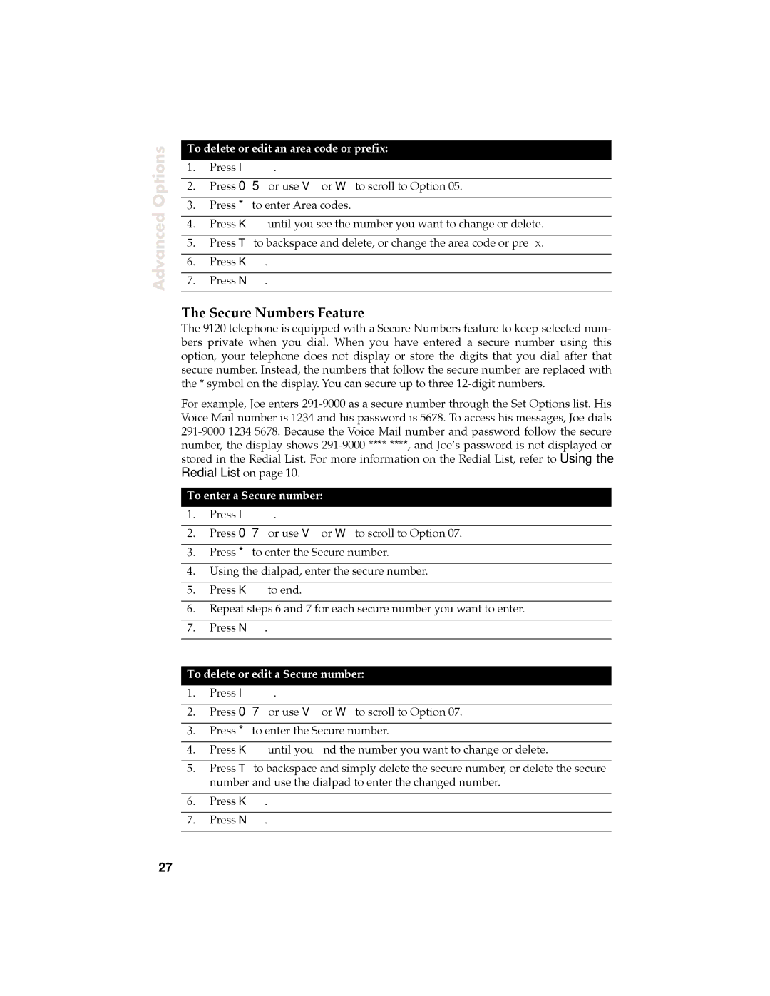 Aastra Telecom 9120 manual Secure Numbers Feature, To delete or edit an area code or prefix, To enter a Secure number 