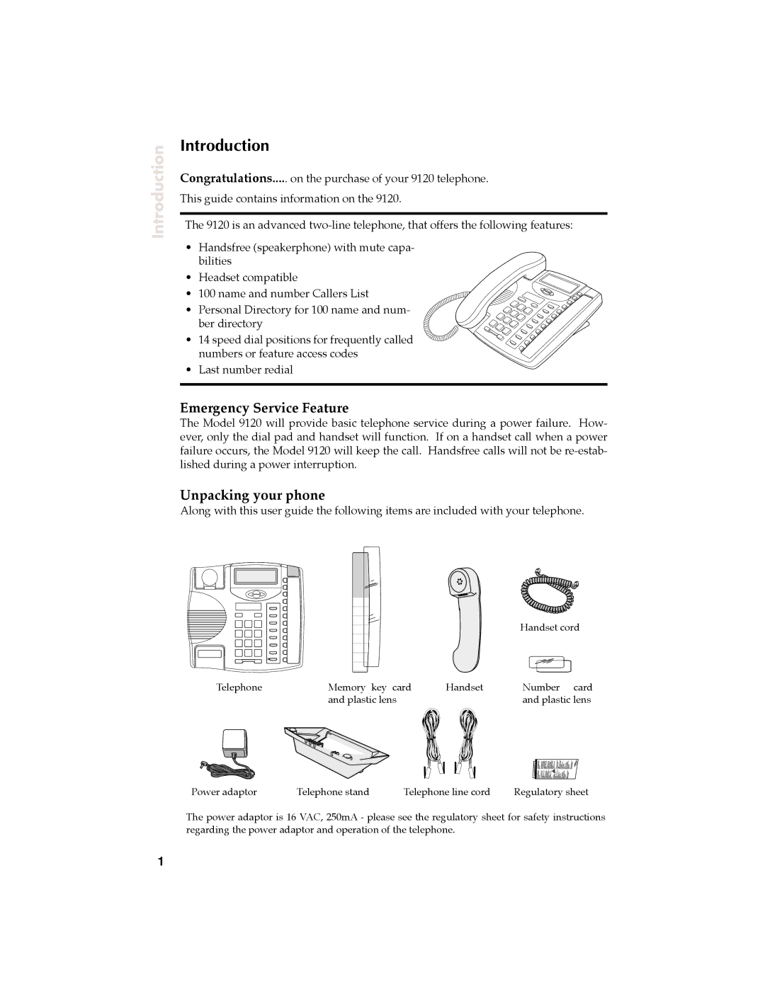 Aastra Telecom 9120 manual Introduction, Emergency Service Feature, Unpacking your phone 