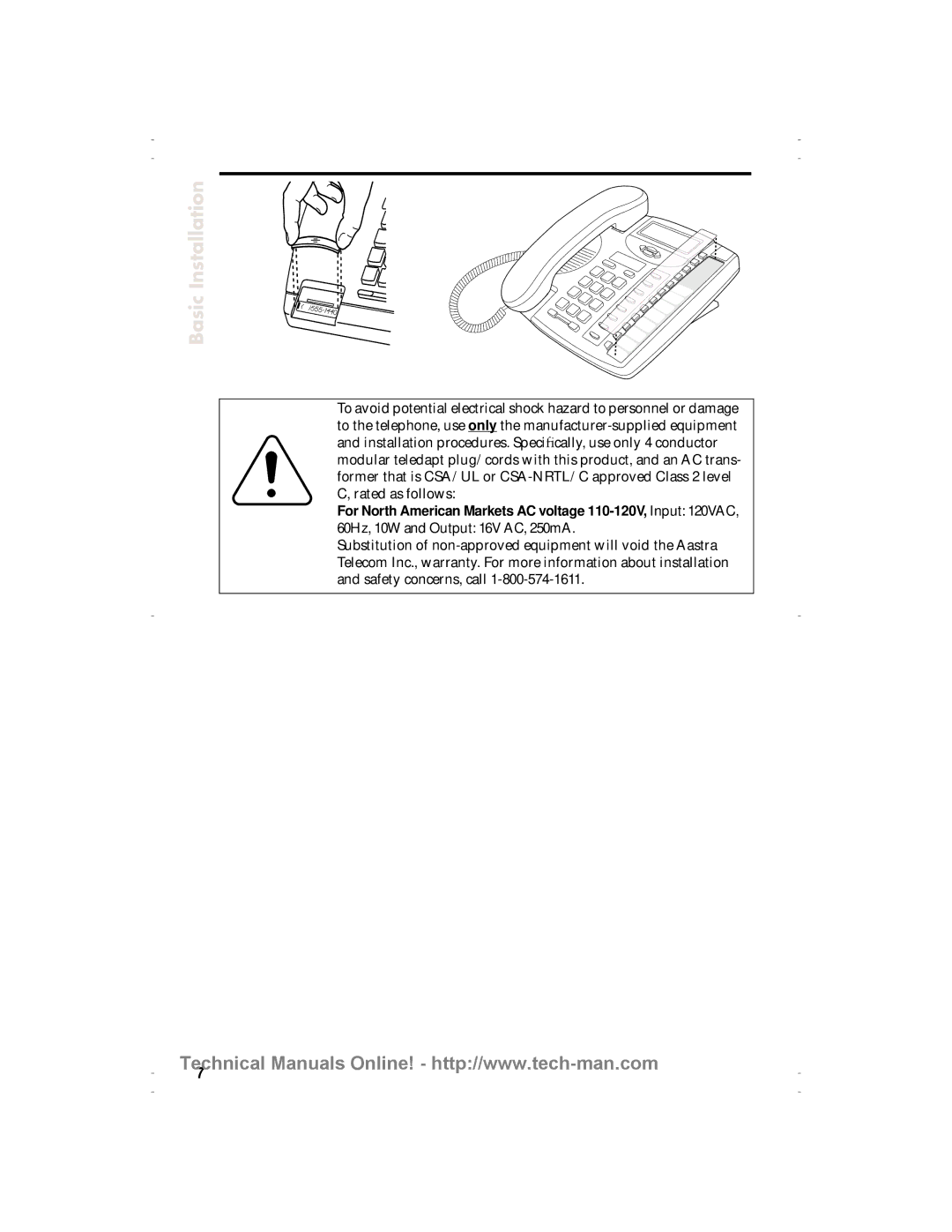 Aastra Telecom 9120 technical manual For North American Markets AC voltage 110-120V, Input 120VAC 