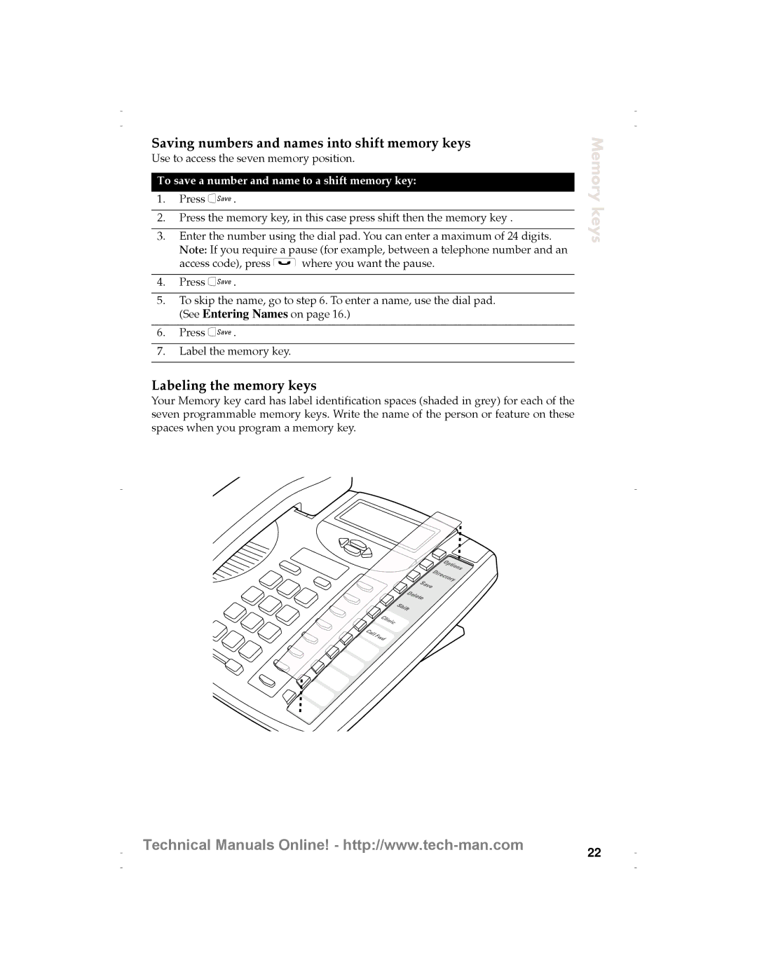 Aastra Telecom 9120 technical manual Saving numbers and names into shift memory keys, Labeling the memory keys 