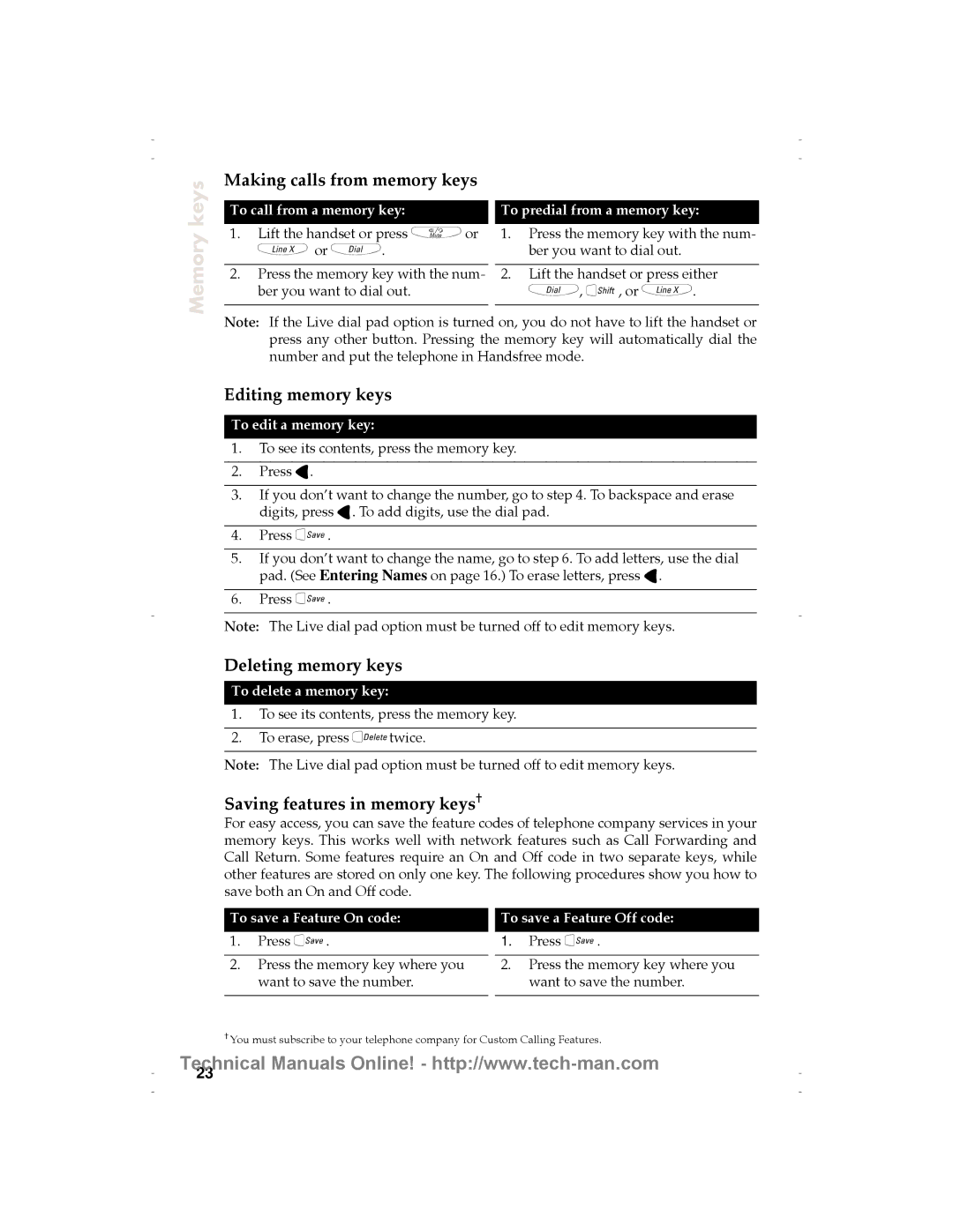 Aastra Telecom 9120 technical manual Making calls from memory keys, Editing memory keys, Deleting memory keys 