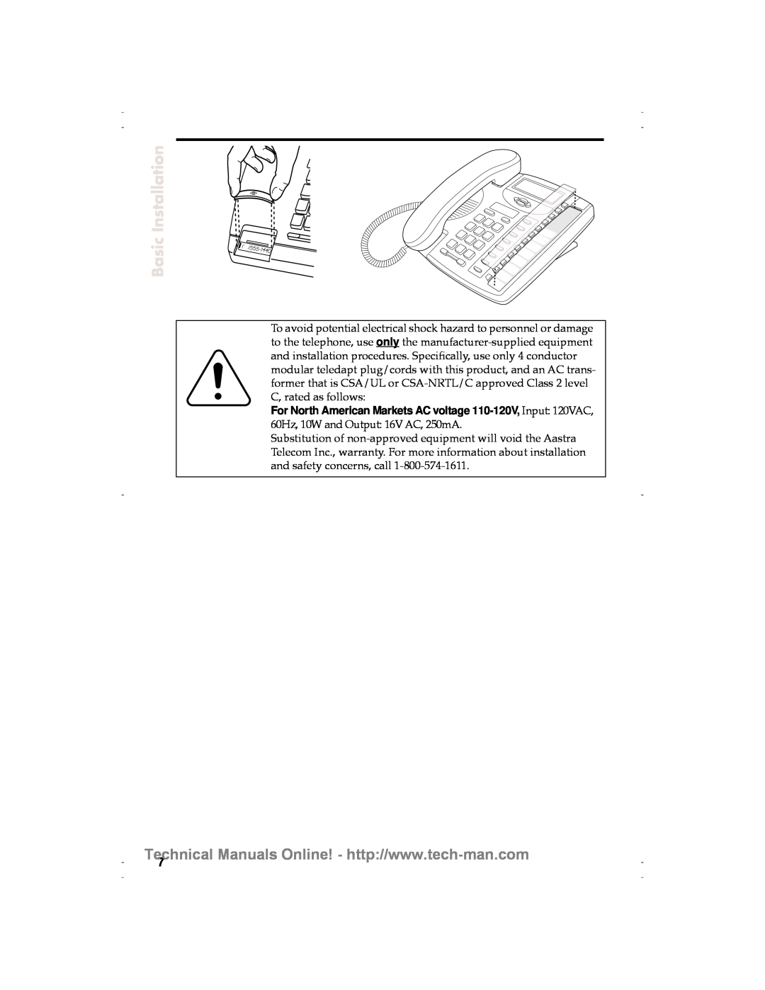 Aastra Telecom 9120 technical manual Basic Installation, For North American Markets AC voltage 110-120V, Input 120VAC 