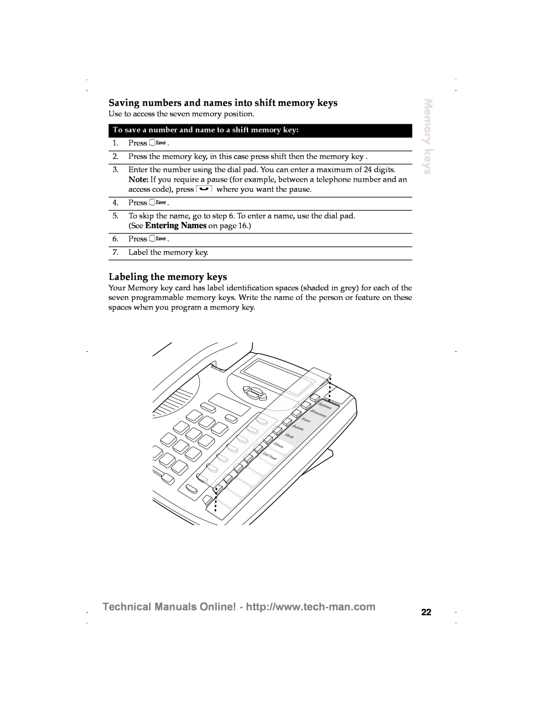Aastra Telecom 9120 technical manual Saving numbers and names into shift memory keys, Labeling the memory keys, Memory keys 