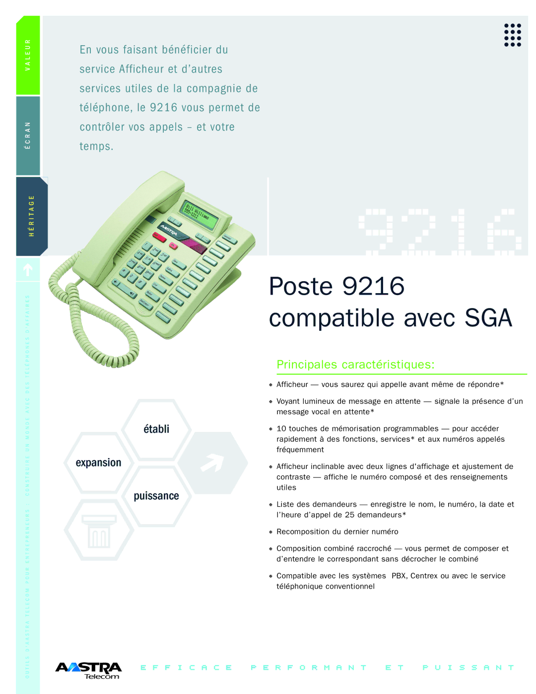 Aastra Telecom manual Poste 9216 compatible avec SGA, Établi Expansion Puissance, Principales caractéristiques 