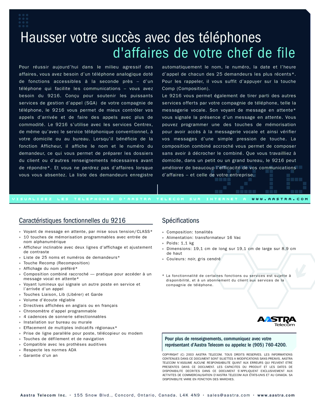 Aastra Telecom 9216 manual Caractéristiques fonctionnelles du, Spécifications 