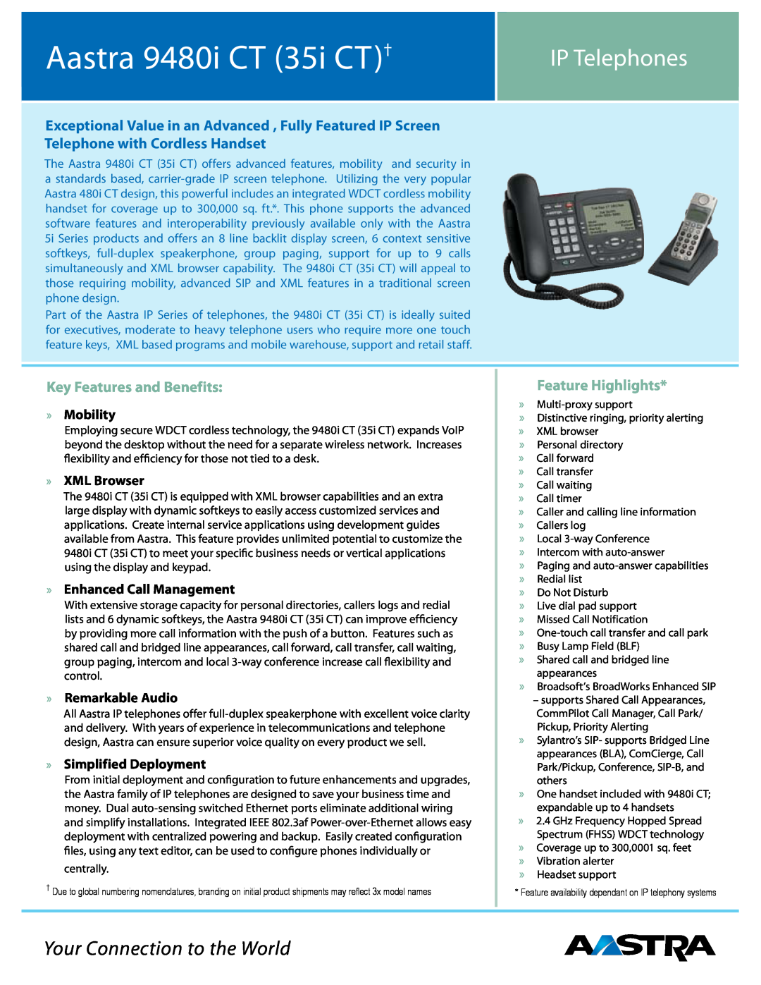 Aastra Telecom manual Aastra 9480i CT 35i CT†, IP Telephones, Your Connection to the World, Key Features and Benefits 