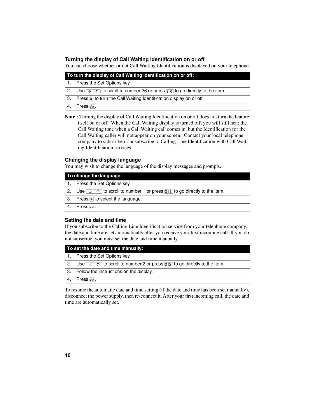 Aastra Telecom 9516CW manual Turning the display of Call Waiting Identiﬁcation on or off, Changing the display language 