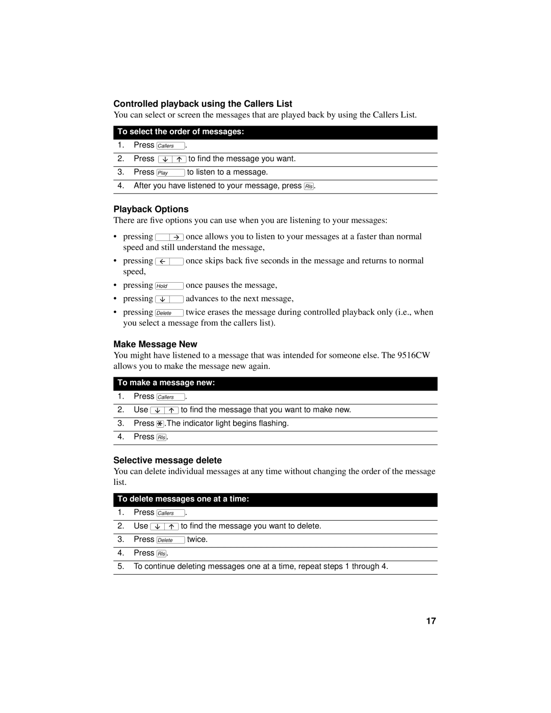 Aastra Telecom 9516CW manual Controlled playback using the Callers List, Playback Options, Make Message New 