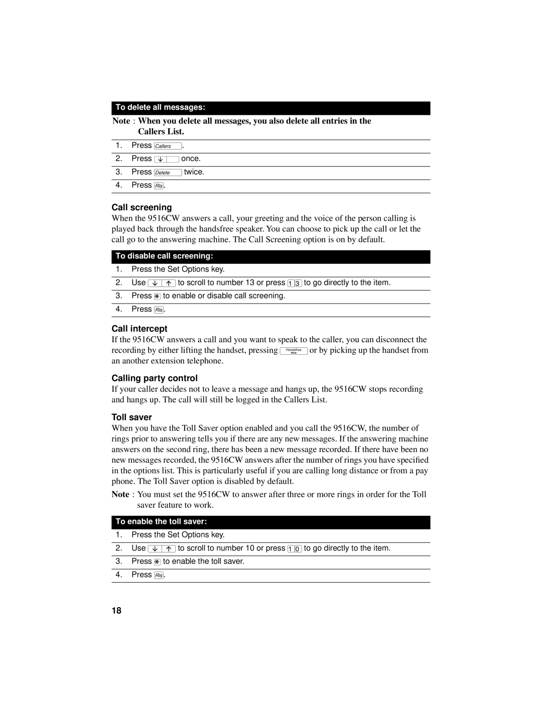 Aastra Telecom 9516CW manual Callers List, Call screening, Call intercept, Calling party control, Toll saver 