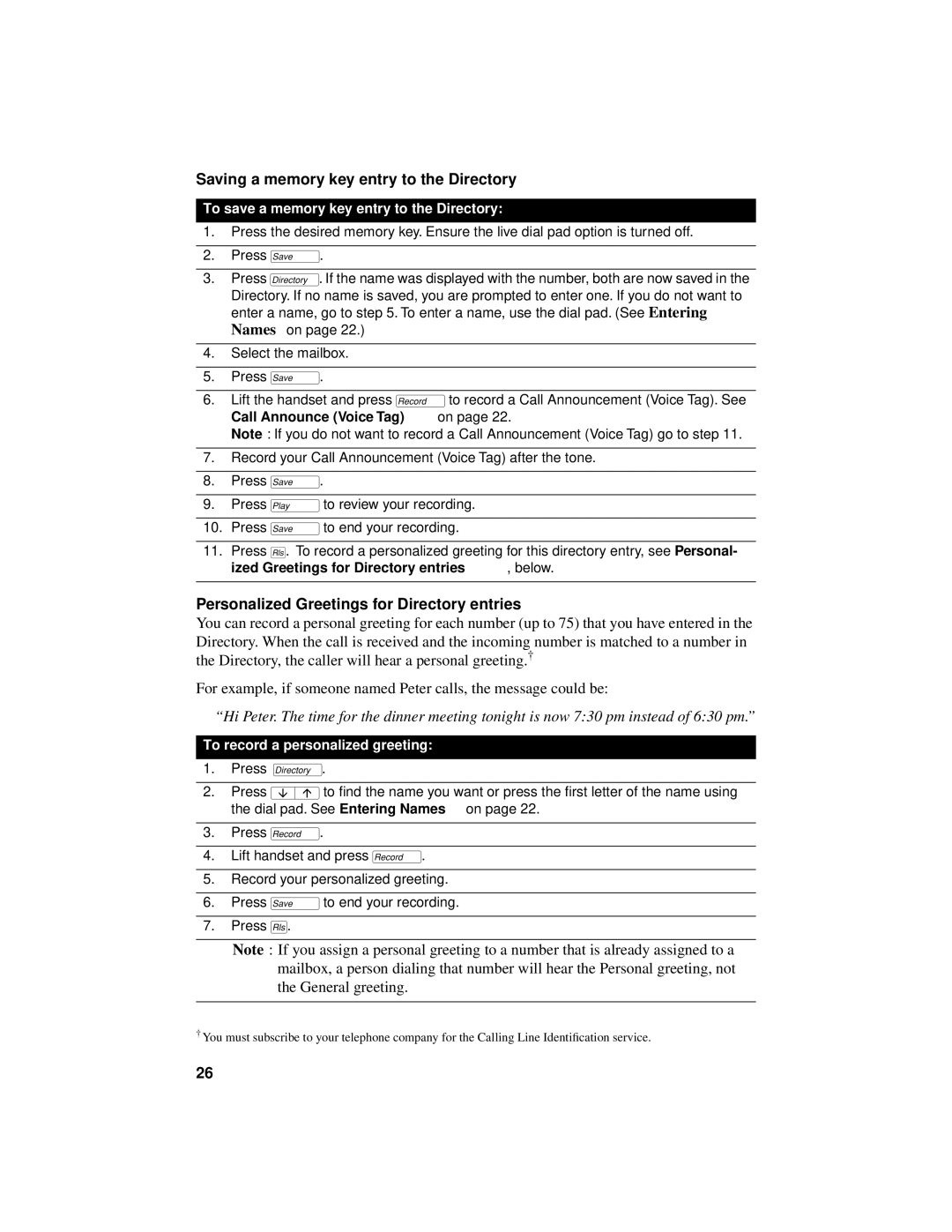 Aastra Telecom 9516CW manual Saving a memory key entry to the Directory, Personalized Greetings for Directory entries 