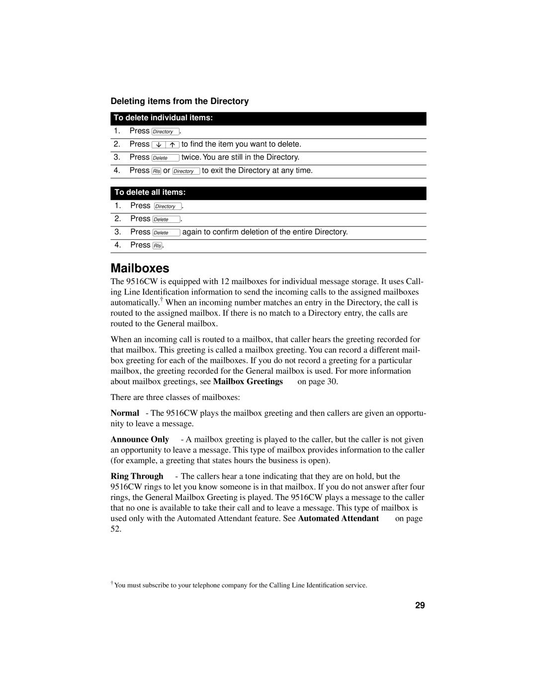 Aastra Telecom 9516CW manual Mailboxes, Deleting items from the Directory, To delete individual items, To delete all items 